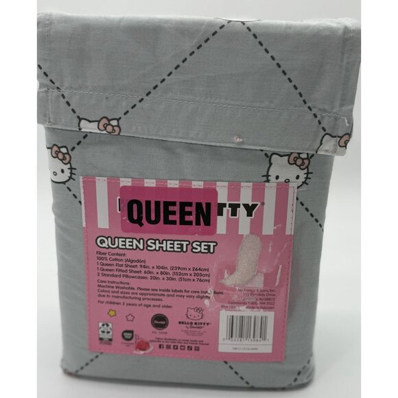 Hello Kitty Queeny Queen Sheet Set 100% Cotton 1 Flat 1 Fitted 2 Pillowcases Gra - Picture 3 of 6